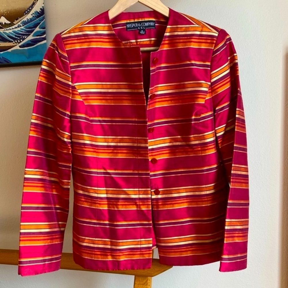 ❤️‍🔥GORGEOUS Vintage 80s 90s Sunset Wearable Art Striped Raw Silk Blazer Jacket